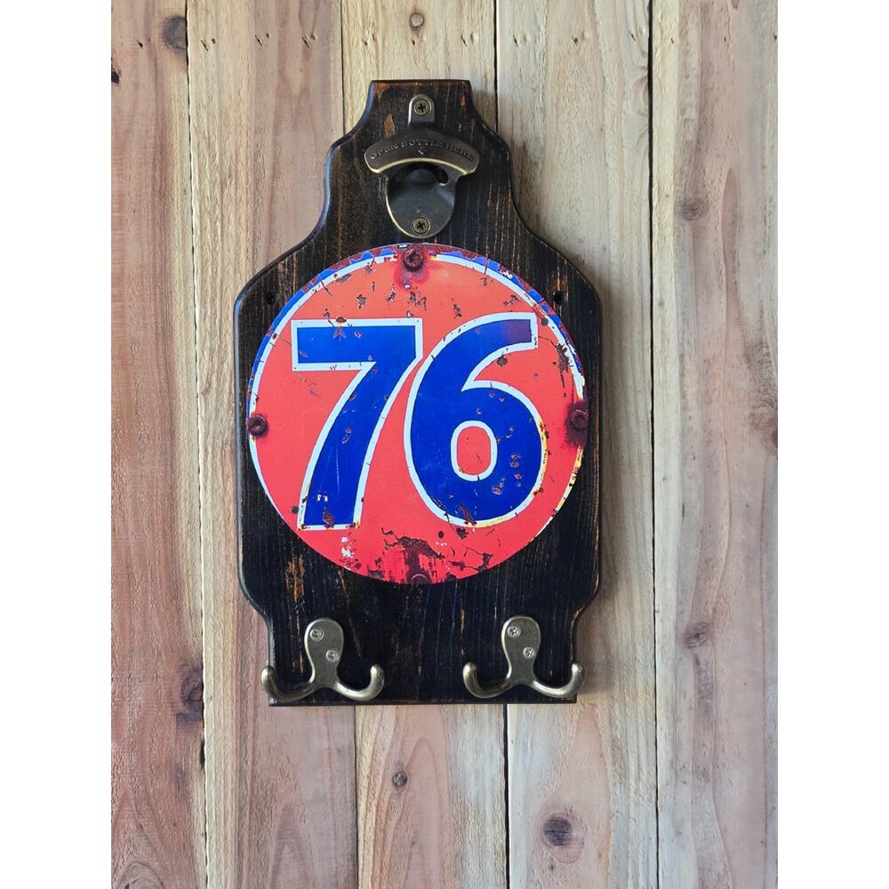 76 Gas Solid Wood Plaque, Rustic / Distressed, Bottle Opener, 2 Double Hooks